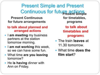 Present Simple and Present 
Continuous for future actions 
Present Continuous 
for future arrangements 
Present Simple 
for timetables, 
programs 
to talk about planned and 
arranged actions 
 I am meeting my business 
partners at the station 
tomorrow morning. 
 I am not working this week, 
so we can have some fun. 
 What time are you leaving 
tomorrow? 
 He is having dinner with 
Ann on Friday. 
to talk about 
timetables and 
programs 
 The train leaves at 
11.30 tomorrow. 
 What time does the 
film start? 
 