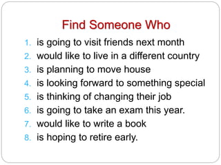 Find Someone Who 
1. is going to visit friends next month 
2. would like to live in a different country 
3. is planning to move house 
4. is looking forward to something special 
5. is thinking of changing their job 
6. is going to take an exam this year. 
7. would like to write a book 
8. is hoping to retire early. 
