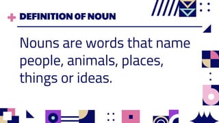 DEFINITION 0F NOUN
Nouns are words that name
people, animals, places,
things or ideas.
 