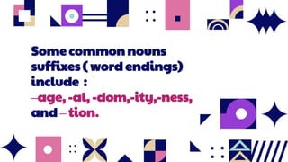 Some common nouns
suffixes ( word endings)
include :
–age, -al, -dom,-ity,-ness,
and – tion.
 