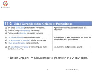 5 Source: Betty S. Azar
* British English: I’m accustomed to sleep with the widow open.
 