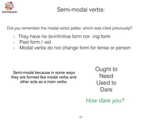 31
Semi-modal verbs:
How dare you?
Ought to
Need
Used to
Dare
Did you remember the modal verbs patter, which was cited previously?
They have no to-inﬁnitive form nor -ing form
Past form / -ed
Modal verbs do not change form for tense or person
Semi-modal because in some ways
they are formed like modal verbs and
other acts as a main verbs.
 