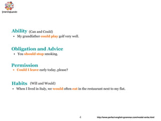 4
Ability
• My grandfather could play golf very well.
Obligation and Advice
• You should stop smoking.
Permission
• Could I leave early today, please?
Habits
• When I lived in Italy, we would often eat in the restaurant next to my flat.
(Will and Would)
(Can and Could)
http://www.perfect-english-grammar.com/modal-verbs.html
 