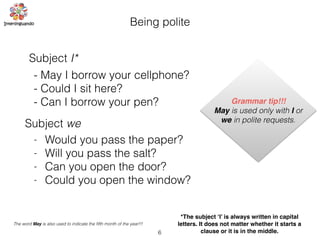 6
Being polite
Subject I*
*The subject ‘I’ is always written in capital
letters. It does not matter whether it starts a
clause or it is in the middle.
- May I borrow your cellphone?
- Could I sit here?
- Can I borrow your pen?
Subject we
- Would you pass the paper?
- Will you pass the salt?
- Can you open the door?
- Could you open the window?
Grammar tip!!!
May is used only with I or
we in polite requests.
The word May is also used to indicate the ﬁfth month of the year!!!
 