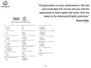 22
“Congratulation on your achievement. We had
just concluded this course and you had the
opportunity to learn topics that cover from the
basic to the advanced English grammar.”
Bruno Otilio
06/14/2016
 