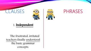 CLAUSES PHRASES
1. Independent
The frustrated, irritated
teachers finally understood
the basic grammar
concepts.
 