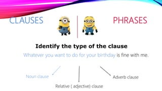 CLAUSES PHRASES
Whatever you want to do for your birthday is fine with me.
Identify the type of the clause
Noun clause Adverb clause
Relative ( adjective) clause
 