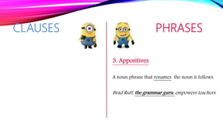 CLAUSES PHRASES
3. Appositives
A noun phrase that renames the noun it follows.
Brad Ruff, the grammar guru, empowers teachers.
 