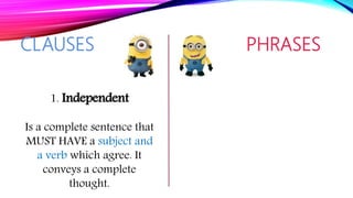 CLAUSES PHRASES
1. Independent
Is a complete sentence that
MUST HAVE a subject and
a verb which agree. It
conveys a complete
thought.
 