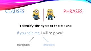 CLAUSES PHRASES
If you help me, I will help you!
Identify the type of the clause
Independent dependent
 