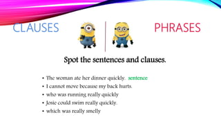 CLAUSES PHRASES
Spot the sentences and clauses.
• The woman ate her dinner quickly. sentence
• I cannot move because my back hurts.
• who was running really quickly
• Josie could swim really quickly.
• which was really smelly
 