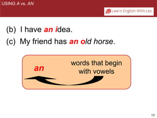 13 
USING A vs. AN 
(b) I have an idea. 
(c) My friend has an old horse. 
an 
words that begin 
with vowels 
 
