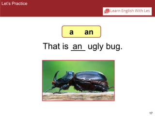 17 
That is _a_n_ ugly bug. 
Let’s Practice 
a an 
 