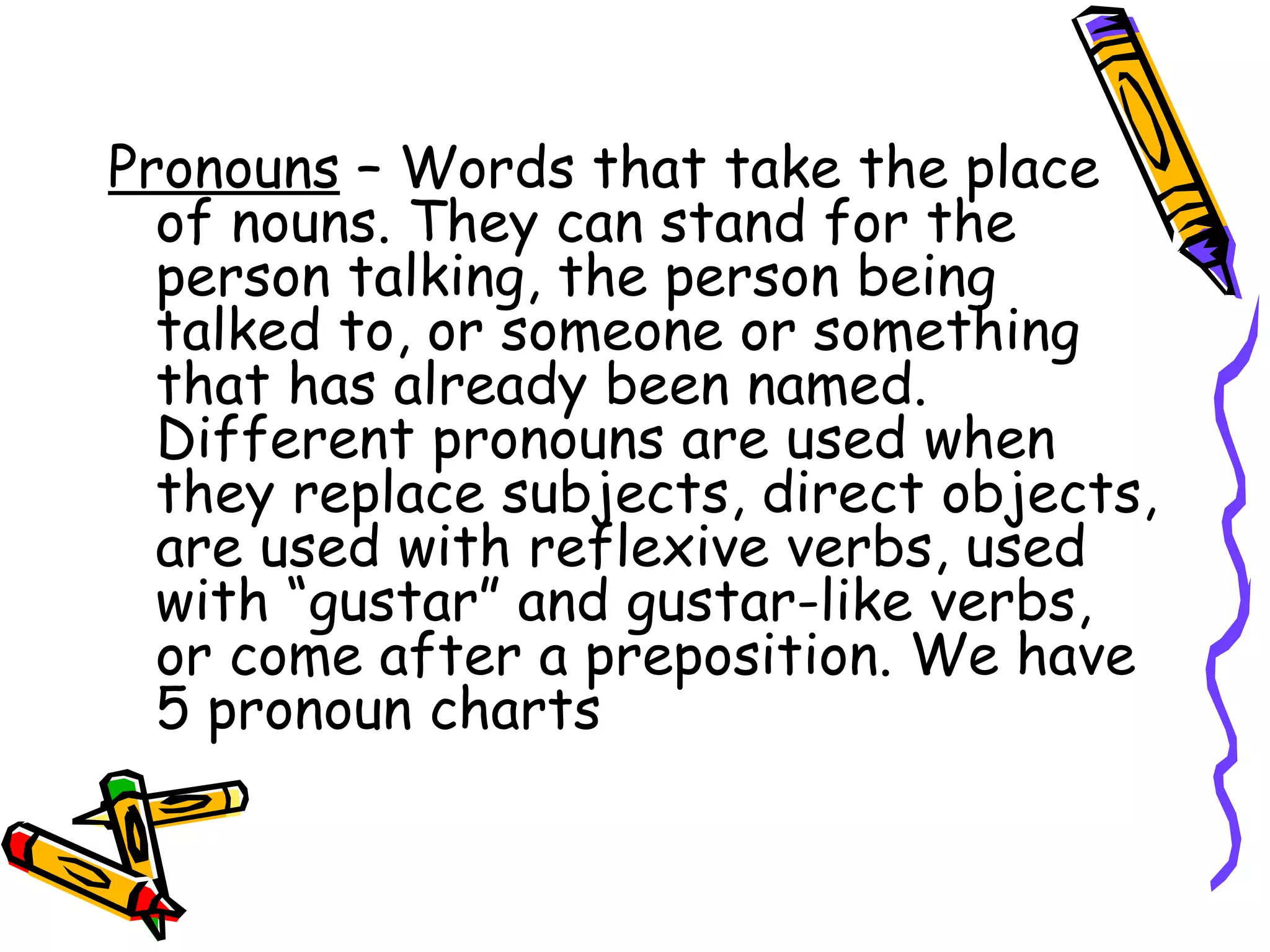 Pronouns  – Words that take the place of nouns. They can stand for the person talking, the person being talked to, or someone or something that has already been named. Different pronouns are used when they replace subjects, direct objects, are used with reflexive verbs, used with “gustar” and gustar-like verbs, or come after a preposition. We have 5 pronoun charts 