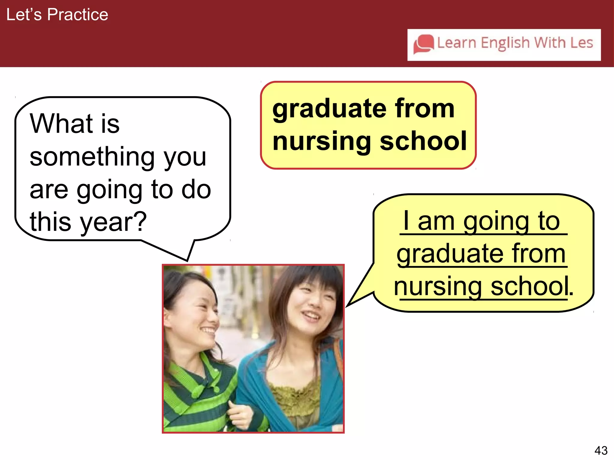 43 
What is 
something you 
are going to do 
this year? I am going to 
graduate from 
nursing school 
Let’s Practice 
graduate from 
nursing school 
___________ 
___________ 
___________. 
 
