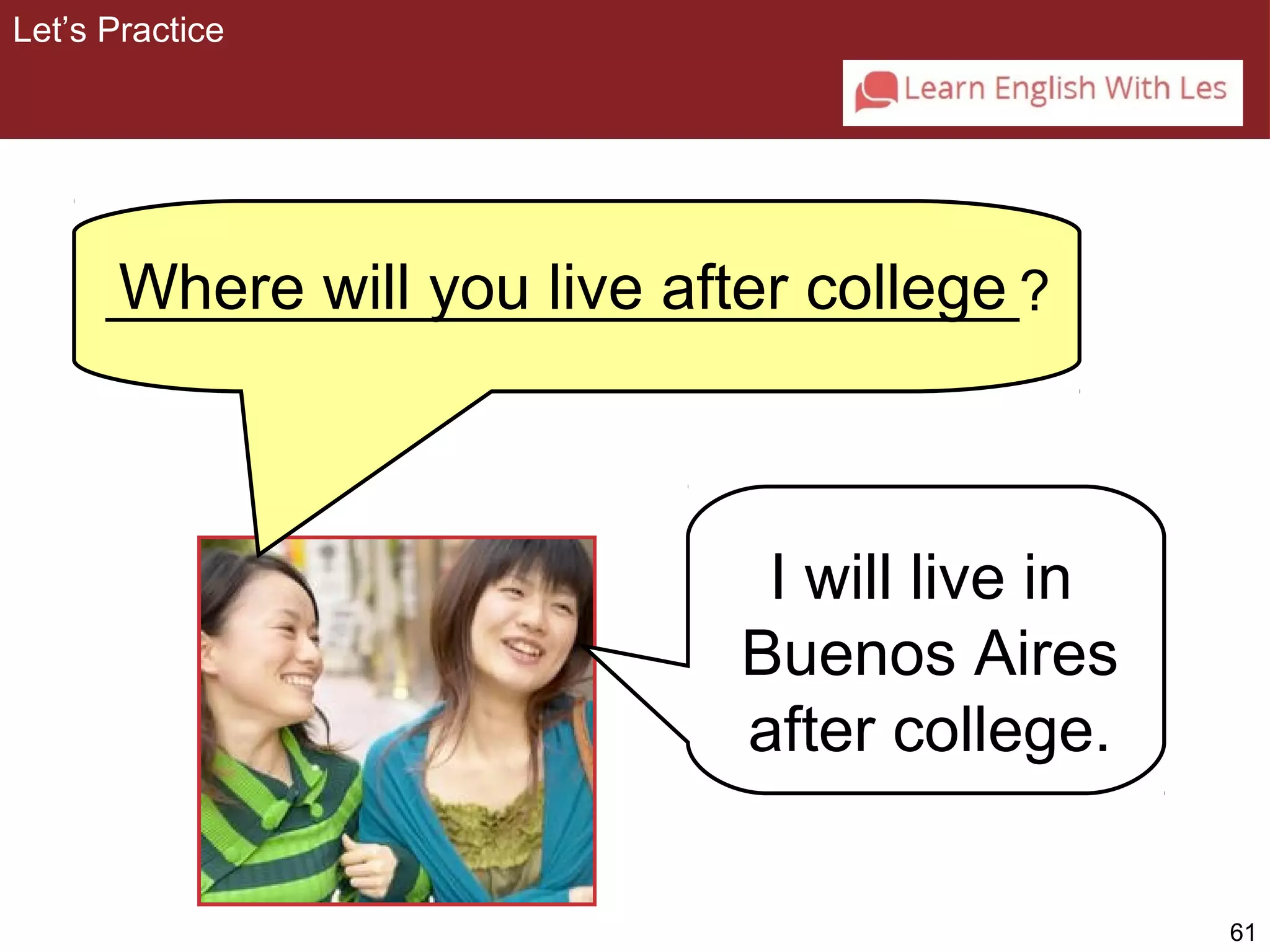 61 
Let’s Practice 
Where will you live after college 
_____________________________? 
I will live in 
Buenos Aires 
after college. 
 