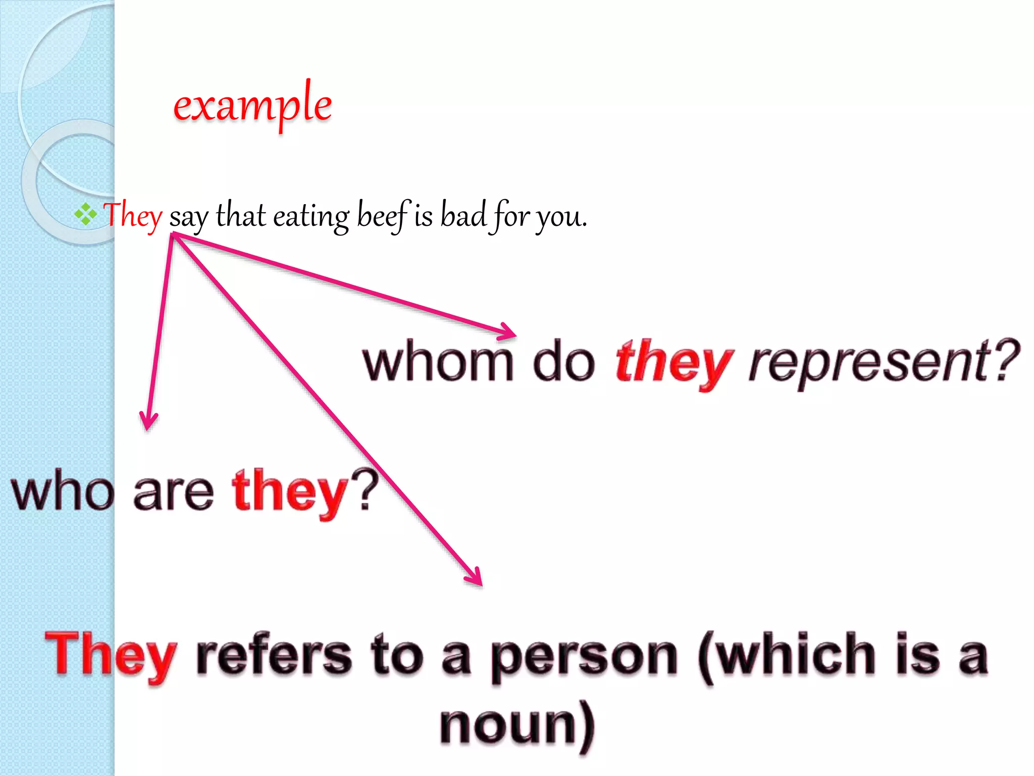example
They say that eating beef is bad for you.
 