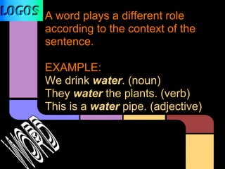 A word plays a different role
according to the context of the
sentence.
EXAMPLE:
We drink water. (noun)
They water the plants. (verb)
This is a water pipe. (adjective)
 