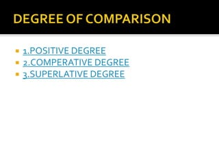 



1.POSITIVE DEGREE
2.COMPERATIVE DEGREE
3.SUPERLATIVE DEGREE

 
