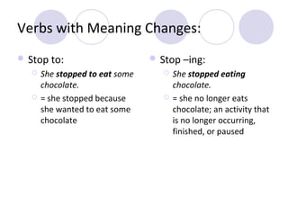 Verbs with Meaning Changes:
 Stop to:




She stopped to eat some
chocolate.
= she stopped because
she wanted to eat some
chocolate

 Stop –ing:




She stopped eating
chocolate.
= she no longer eats
chocolate; an activity that
is no longer occurring,
finished, or paused

 