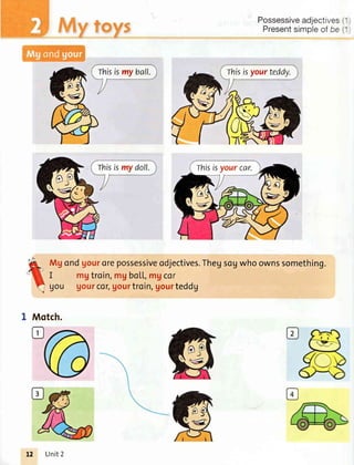 J
Possessiveadjectives
Presentsimpleofbe
:ctives.Thegsogwhoownssomething.
I
teddg
I Motch.
Thisisyourteddy.
Thisisyourcar.
Unit2
 