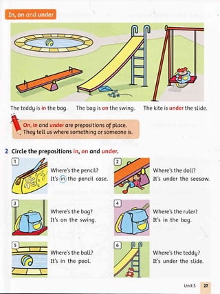 Theteddyisinthe bog. Thebogisontheswing. Thekiteisundertheslide.
On,inondunderoreprepositionsof ptoce.
Thegtelluswheresomethingorsomeoneis.
2 Circletheprepositionsin,onondunder.
Where'sthe penciL?
It's in the pencitcose.
Where'sthedoLl?
It's underthe seesow.
Where'stheruLer?
It'sin the bog.
Where'stheteddg?
It's underthe sLide.
Where'sthe
It's on the
bag?
swing.
Where'stheboLL?
It's in the pool.
Unit5 27
 