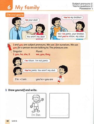 ffiy fmm$fly
I ondgouoresubjectpronouns.WeuseIfor ourselves.Weuse
goufor o personweoretol.kingto.Thepronounsore:
Subjectpronouns(2
Yes/noquestions(2
Possessive
Singu[or
I, gou,he,she,it
I'm =Iom
I Drowgoursefondwrite.
PturoI
we,gou,theg
gou're= !ou of€
I'm Don.
Youaren'tmydad!
Yes!I'mJamie,yourbrother.
Andyou're Alison,mysister.
30 Unit6
 