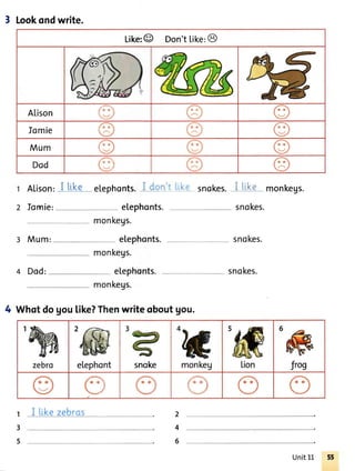 Like:g Don'tLike:@
A[ison (")
oIomie oMum ("
oDod ("
@
3 Lookondwrite.
r Alison'[ like e[epho115.^ ::' : '..' snokes.I tike monkegs.
2 Jomie: snokes.
snokes.3 Mum:
monkegs.
4 Dod: e[ephonts.
monkegs.
4 Whotdogoulike?Thenwriteoboutgou.
e[ephonts.
snokes.
2
4
6
1
3
5
e[ephonts.
monkegs.
etephont snoke monkeg frog
o o o o o o
I tike zebras
UnitL1
 