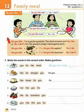 #mnnffiffiyrcemffi
DogouLike +
@
. ? = Doyou likeapptes?
DogouLike .
@
+ ? = Dogou tikebananas?
I Writethewordsinthecorrectorder.Mokequestions.
Uou Do Like meot
l"ike Do oronges gou Dogou
Like breod Do Uou Do
rice Like gou Do
Like Do tomotoes gou
Dogoulike...?iso ges/noquestion.TheshortonswersoreYes,I do
or No,I don't.It isthepresentsimpteinterrogotiveform.
Presentsimple:/ike
Wh-questions
Yes,I do.
NorI don't.
No,I don't.Doyou like flsh?
Doyoulil<ecarrots? No,I don't.
gou Like fish gou Do
 