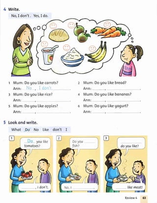 Write.
No,I don't. Yes,I do.
t Mum:Dogou[ikecorrots?
Ann: NQ , i .,-.
Mum:Dogoulikerice?
Ann: ,
Mum:Dogoulikeopptes?
Ann: , -
Lookondwrite.
Whot . 'No Like don't I
Likebononos?
Mum:DogouLikegogurt?
Ann: ,
Mum:Dogou
Ann:
Mum:Dogou
Ann: ,
[ikebreod?
don't.
doyoulikez
likemeat!
Review4
 
