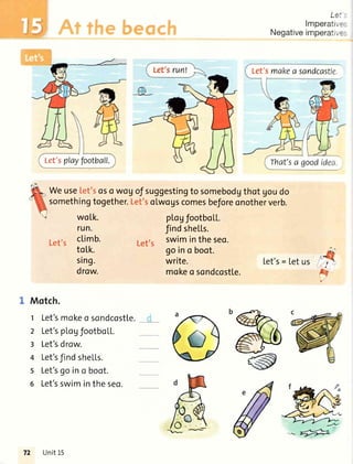 r
I
Le
lmperati,=
Negativeimperatr.=:
[et's= Letus
Weuse[et'soso wogof suggestingto somebodgthotgoudo
somethingtogether.Let'solwogscomesbeforeonotherverb.
ptoUfootboLL.
Jindshe[ts.
Let,s swimintheseo.
goino boot.
write.
mokeo sondcostte.
wo[k.
run.
l-et,s c[imb.
toLk.
sing.
drow.
F
Motch.
1 Let'smokeo sondcostle.
2 Let'spLoUfootboLL.
3 Let'sdrow.
4 Let'sJindshells.
s Let'sgo in o boot.
6 Let'sswimintheseo.
Let'splayfootball.
Let'smakea sandcastle.
That'sa
72 Unit15
 