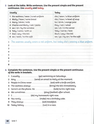 Lookof thetoble.Writesentences.Usethe presentsimpleondthe present
continuous.Useusuo[[gondtodog.
Usuo[19 Todog
1 the woitressf weor/ o reduniform
2 MoU.g/ hovef somebreod
3 Horrg/ drinkl mil.k
4 ChorlieondMoL[g/ eot/ posto
5 we/ sit/ bgthewindow
6 Tobgf come/ with us
7 Dod/ poV/the biLL
8 we/ woLk/ to the cofe
she/weor / obLueuniform
she/ hove/ o bowl of soup
he/drink/orongejuice
theg/eot/soLod
we/ sit/ inthecorner
Tobg/ notbe/ here
Mum/ pog/ the biLL
we / go/ bg cor/ to the cof6
The',vo,tress*s-rolr-o.'.ec.:sc..ed unlform,but todoq she'si/eqrinq-a-blug-undAfnJ--_.+4._J-
4 Completethesentences.Usethepresentsimpleorthepresentcontinuous
oftheverbsin brockets.
1 Iusuol.LU- -- - -(go)swimmingonSoturdogs.
2 Amg -- (send)onemoitto Hotlgot themoment.
3 PeopleinChinonever (eot)with o knifeondfork.
4 Thewoitressolwogs- (bring)thebiLl.immediotetg.
5 fomie'sonthephone.He - (tol.k)toEricrightnow.
6 Wesometimes (pLoU)footbottofierschool.
7 I --- -- (do)mg homeworkrightnow.
8 Yourorelg (moke)meo birthdogcoke.
9 Thegolwogs (eot)breokfost.
10 TodogSidneg (run)ino roce.
Unit1
 
