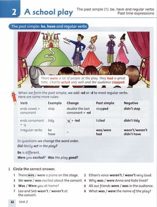 A , _t_ _ _t -r _ Thepastsimple(1):be,haveandregularverb
n SCnOOf PIOY Pasttimeeipressio
-,'zt.werec lotofpeopleat theplay.rheyhada great
- rl1i.Chadieactedverywellandtheaudienceclapped.
- --.
^r -5.
WhenweJormthepostsimple,weodd-edor-dto mostregulorverbs.
HereoresomemoreruLes:
Verb Exomp[e
endsvowel+ stop
consonont
endsconsonont tidg
+-9
irreguLorverbs be
hove
In questionswechongethewordorder.
DidMollgactin theplay?
Beisdifferent.
Weregouexcited?Wastheplay good?
1 Circlethe correctonswer.
1 Thereiiryos/ wereo pionoonthestoge.
3 Wewere/ wosexcitedobouttheconcert.
5 Wos/ Weregouof home?
7 LeoondSebwosn't/ weren'tot
theconcert.
12 Unit2
t Chonge
doubletheLost
consonont+-ed
)(+
-ied
Postsimple
stopped
tidied
wos/were
hod
Negotive
didn'tstop
didn'ttidg
wosn't/weren't
didn'thove
2
4
6
8
Ethon'svoiceweren'tf wosn'tvergLoud.
Whgwos/ wereAnnoondKotetired?
ALIourfriendswere/ wosintheoudience.
Whotwos/werethenomeoftheplog?
 