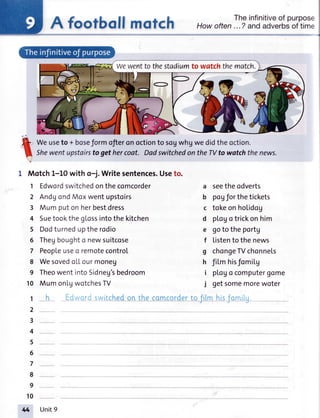 A foofballmofch Theinfinitiveof purpose
Howoften...? andadverbsof time
wewenttothestadiumto watchthematch.
O
ft *" useto + boseformofieronoctionto sogwhgwedidtheoction.
I Strewentupstairstogethercoot. DadswitchedontheTVto watchthenews.
1 Motch1-10with o-j. Writesentences.Useto.
Edwordswitchedonthecomcorder a seetheodverts
AndgondMoxwentupstoirs b pogforthetickets
Mumputonherbestdress c tokeonholidog
Suetooktheglossintothekitchen d pLouo trickonhim
Dodturneduptherodio e goto theportg
Thegboughto newsuitcose f listento the news
Peopleuseo remotecontrol g chongeTVchonnels
Wesovedo[[ourmoneg h fiLmhisfomilg
TheowentintoSidneg'sbedroom i plogo computergome
MumonlgwotchesTV j getsomemorewoter
_ h_ EC';r.,orcswrtehc_d_o^n_thcesne_ordertq flim hrsfqmrfu.
1
2
3
4
5
6
7
8
9
10
1
2
3
4
5
6
7
8
9
10
tA Unit9
 