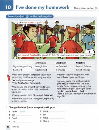 l'vedonemy homework Thepresentperfect(1;
Negotive
hoven'tfinished
hosn'tJinished
Affirmotive
I/gou/we/gou/theg hovefinished
he/she/it hosfinished
Weusethepresentperfectto totkobout
somethingthothoppenedvergrecentlg.
I've sentyou a message.
We'vefinishedourhomework.
Weotsousethe presentperfectto tolk
oboutonoctioninthepostthotissti[[
truenow.
It'sverycleanin here Yes,Amy'stidiedup!
Wenormotlgusetheshortform,especiotlg
inconversotion.
1 Chongetheboseformsintopostporticiptes.
Weformthe presentperfectwith
hosorhove+ postporticip[e.
In mongcoses,thepostporticiple
(finished)isthesomeosthepost
simpteform.However,mongverbs
hoveirregul.orpostporticipleforms,
e.g.do->done,hove+ hod.
Thereiso Listotthebockofthisbookon
poge80.
Shortform
'vefinished
'sJinished
1 moke rr
3 put
s finish
7 sog
50 Unit10
2 plog
4go
6 hove
8 throw
Charlie'sscoreda goal!
Wehaven'tfinishedthegame!lt's1-1.we mustscoreonemoregoalto win!
 