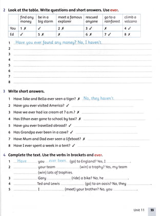 2 look of thetoble.Writequestionsondshortonswers.Useever.
findong
moneu
beino
bigstorm
meetofomous
exptorer
rescued
onuone
gotoo
roinforest
climbo
voLcono
You 1X ,/ 2X 3/ x 4,/
Ed ,/ sx x 6X 7,/ 8X
1
2
3
4
5
6
7
8
Writeshortonswers.
1 HoveIokeondBeltoeverseenotiger?I No, theg hoven't.-
2 HoveUouevervisitedAmerico?/
3 Hoveweeverhodicecreomot7o.m.?X
4 HosEthonevergoneto schoolbgtoxi?X
5 Hovegouevertrovelledobrood?/
6 HosGrondpoeverbeenino coveT/
7 HoveMumondDodeverseeno lifeboot?,Y
8 HoveI everspento weekinotent? /
4 Completethetext.Usetheverbsin brocketsondever.
I Hove _ Uou eveJbeen--(go)toEnglond?yes,I
2 - gourteom (win)o trophg?Yes,mgteom
(win)totsoftrophies.
Gorg (ride)o bike?No,he
4 TedondLewis (go)toonoosis?No,theg
I - (meet)gourbrother?No,gou-
Unit11 55
 