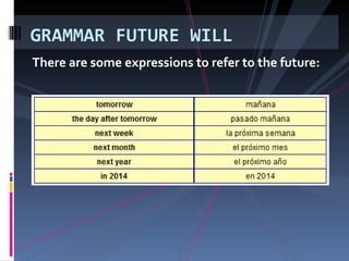 There are some expressions to refer to the future: GRAMMAR FUTURE WILL
