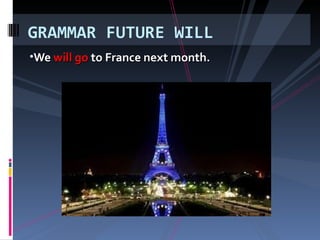 We will go to France next month. GRAMMAR FUTURE WILL
