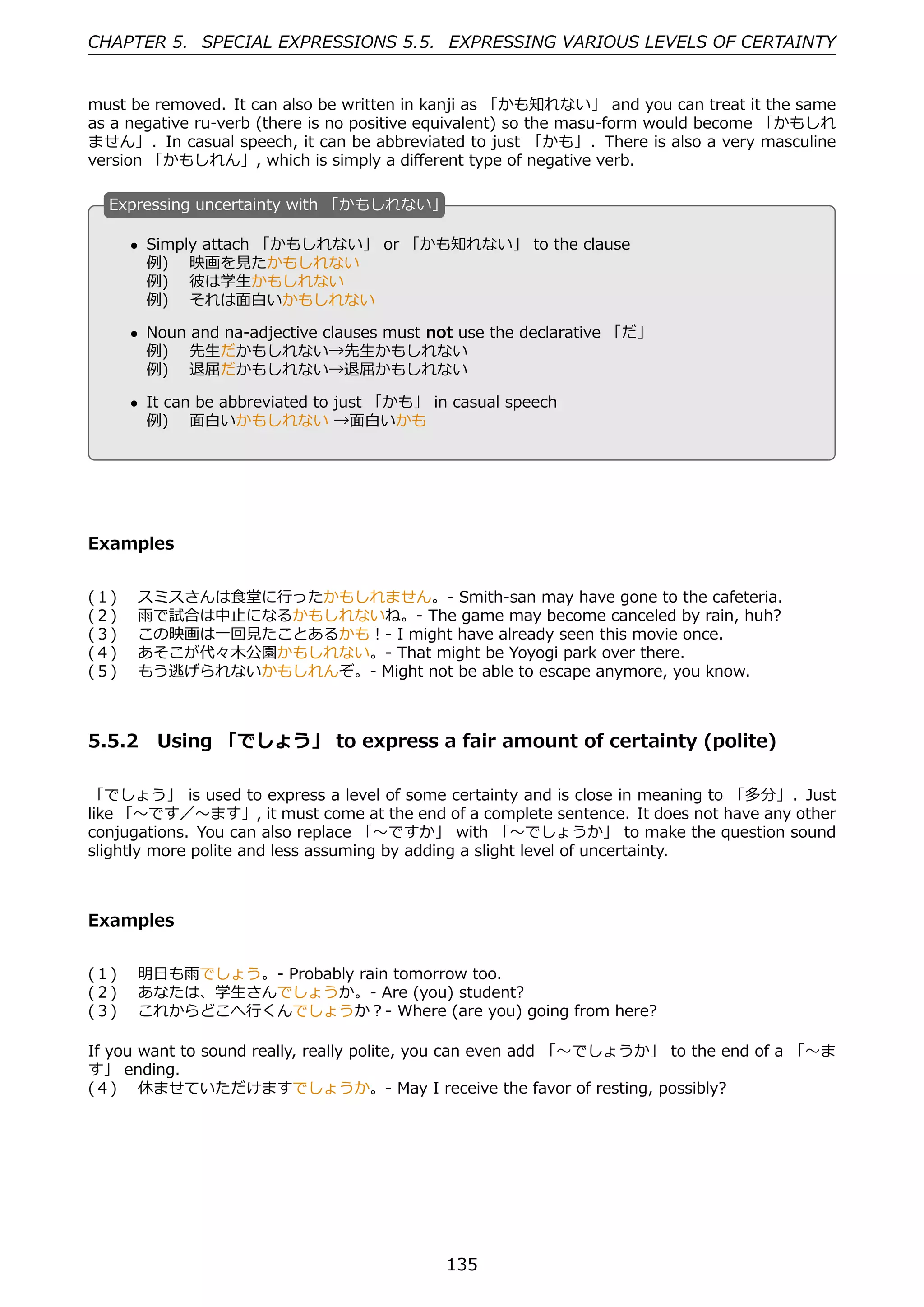 CHAPTER 5. SPECIAL EXPRESSIONS 5.5. EXPRESSING VARIOUS LEVELS OF CERTAINTY


must be removed. It can also be written in kanji as 「かも知れない」 and you can treat it the same
as a negative ru-verb (there is no positive equivalent) so the masu-form would become 「かもしれ
ません」. In casual speech, it can be abbreviated to just 「かも」. There is also a very masculine
version 「かもしれん」, which is simply a diﬀerent type of negative verb.

  E
  . xpressing uncertainty with 「かもしれない」

      • Simply attach 「かもしれない」 or 「かも知れない」 to the clause
        例)  映画を⾒たかもしれない
        例)  彼は学⽣かもしれない
        例)  それは⾯⽩いかもしれない

 .                                             .
      • Noun and na-adjective clauses must not use the declarative 「だ」
        例)  先⽣だかもしれない→先⽣かもしれない
        例)  退屈だかもしれない→退屈かもしれない

      • It can be abbreviated to just 「かも」 in casual speech
        例)  ⾯⽩いかもしれない →⾯⽩いかも




Examples


(１)    スミスさんは⾷堂に⾏ったかもしれません。- Smith-san may have gone to the cafeteria.
(２)    ⾬で試合は中⽌になるかもしれないね。- The game may become canceled by rain, huh?
(３)    この映画は⼀回⾒たことあるかも！- I might have already seen this movie once.
(４)    あそこが代々⽊公園かもしれない。- That might be Yoyogi park over there.
(５)    もう逃げられないかもしれんぞ。- Might not be able to escape anymore, you know.



5.5.2 Using 「でしょう」 to express a fair amount of certainty (polite)

「でしょう」 is used to express a level of some certainty and is close in meaning to 「多分」. Just
like 「〜です／〜ます」, it must come at the end of a complete sentence. It does not have any other
conjugations. You can also replace 「〜ですか」 with 「〜でしょうか」 to make the question sound
slightly more polite and less assuming by adding a slight level of uncertainty.



Examples


(１)  明⽇も⾬でしょう。- Probably rain tomorrow too.
(２)  あなたは、学⽣さんでしょうか。- Are (you) student?
(３)  これからどこへ⾏くんでしょうか？- Where (are you) going from here?

If you want to sound really, really polite, you can even add 「〜でしょうか」 to the end of a 「〜ま
す」 ending.
(４)  休ませていただけますでしょうか。- May I receive the favor of resting, possibly?




                                             135
 