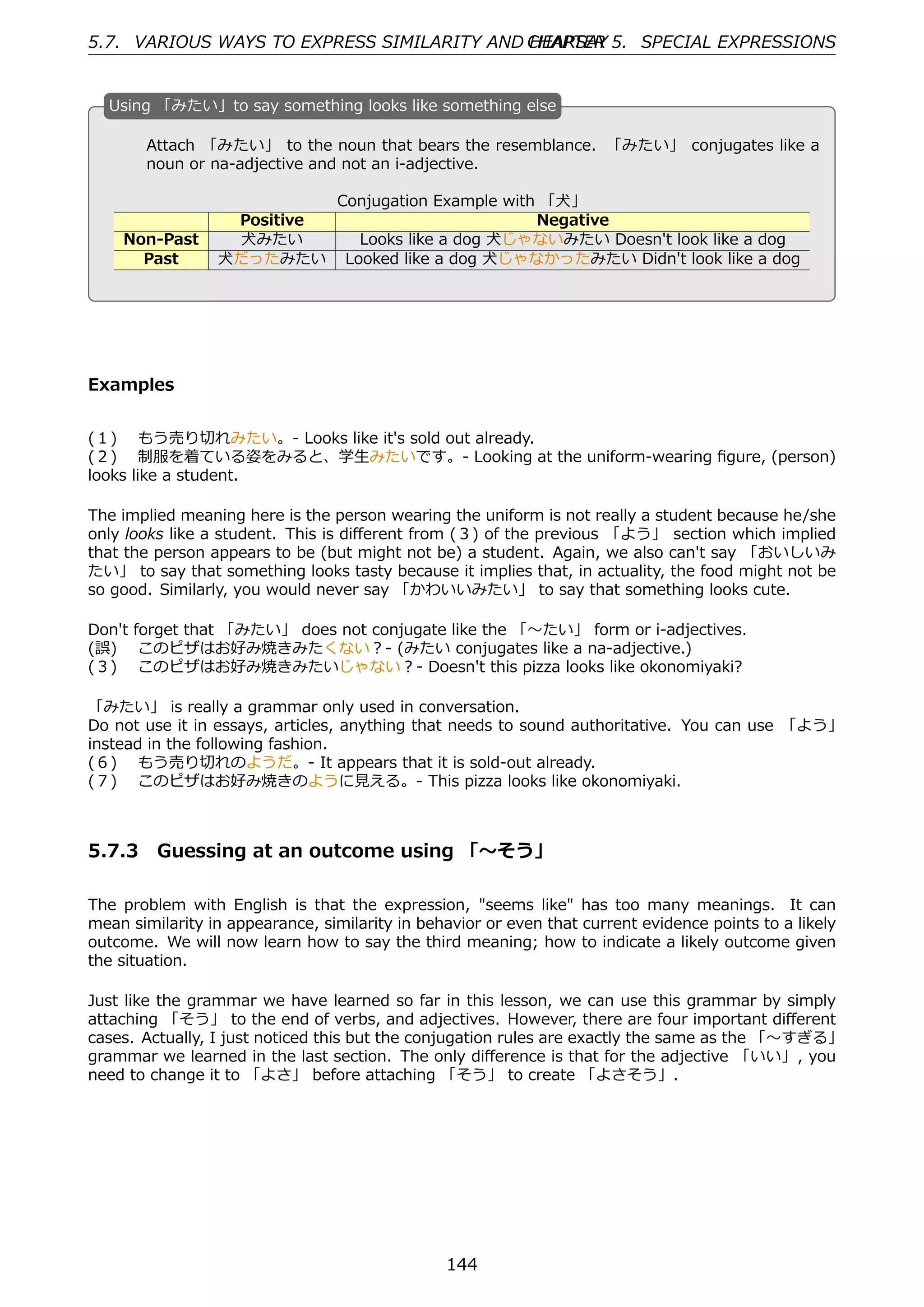 5.7. VARIOUS WAYS TO EXPRESS SIMILARITY AND CHAPTER 5. SPECIAL EXPRESSIONS
                                            HEARSAY


  U
  . sing 「みたい」to say something looks like something else

        Attach 「みたい」 to the noun that bears the resemblance. 「みたい」 conjugates like a
        noun or na-adjective and not an i-adjective.

  .                                        .
                           Conjugation Example with 「⽝」
                  Positive                         Negative
      Non-Past    ⽝みたい       Looks like a dog ⽝じゃないみたい Doesn't look like a dog
        Past     ⽝だったみたい Looked like a dog ⽝じゃなかったみたい Didn't look like a dog




Examples


(１)  もう売り切れみたい。- Looks like it's sold out already.
(２)  制服を着ている姿をみると、学⽣みたいです。- Looking at the uniform-wearing ﬁgure, (person)
looks like a student.

The implied meaning here is the person wearing the uniform is not really a student because he/she
only looks like a student. This is diﬀerent from (３) of the previous 「よう」 section which implied
that the person appears to be (but might not be) a student. Again, we also can't say 「おいしいみ
たい」 to say that something looks tasty because it implies that, in actuality, the food might not be
so good. Similarly, you would never say 「かわいいみたい」 to say that something looks cute.

Don't forget that 「みたい」 does not conjugate like the 「〜たい」 form or i-adjectives.
(誤)  このピザはお好み焼きみたくない？- (みたい conjugates like a na-adjective.)
(３)  このピザはお好み焼きみたいじゃない？- Doesn't this pizza looks like okonomiyaki?

「みたい」 is really a grammar only used in conversation.
Do not use it in essays, articles, anything that needs to sound authoritative. You can use 「よう」
instead in the following fashion.
(６)  もう売り切れのようだ。- It appears that it is sold-out already.
(７)  このピザはお好み焼きのように⾒える。- This pizza looks like okonomiyaki.



5.7.3 Guessing at an outcome using 「〜そう」

The problem with English is that the expression, "seems like" has too many meanings. It can
mean similarity in appearance, similarity in behavior or even that current evidence points to a likely
outcome. We will now learn how to say the third meaning; how to indicate a likely outcome given
the situation.

Just like the grammar we have learned so far in this lesson, we can use this grammar by simply
attaching 「そう」 to the end of verbs, and adjectives. However, there are four important diﬀerent
cases. Actually, I just noticed this but the conjugation rules are exactly the same as the 「〜すぎる」
grammar we learned in the last section. The only diﬀerence is that for the adjective 「いい」, you
need to change it to 「よさ」 before attaching 「そう」 to create 「よさそう」.




                                                144
 