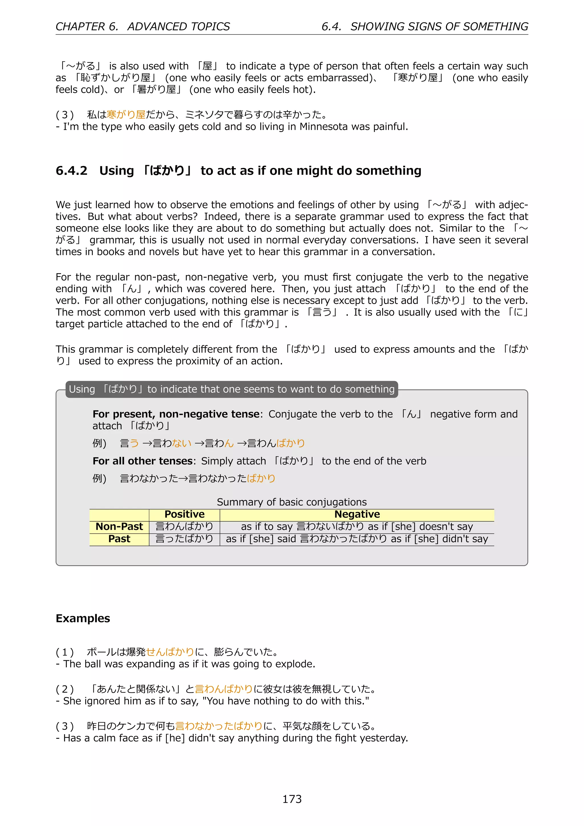 CHAPTER 6. ADVANCED TOPICS                                6.4. SHOWING SIGNS OF SOMETHING


「〜がる」 is also used with 「屋」 to indicate a type of person that often feels a certain way such
as 「恥ずかしがり屋」 (one who easily feels or acts embarrassed)、 「寒がり屋」 (one who easily
feels cold)、or 「暑がり屋」 (one who easily feels hot).

(３)  私は寒がり屋だから、ミネソタで暮らすのは⾟かった。
- I'm the type who easily gets cold and so living in Minnesota was painful.



6.4.2 Using 「ばかり」 to act as if one might do something

We just learned how to observe the emotions and feelings of other by using 「〜がる」 with adjec-
tives. But what about verbs? Indeed, there is a separate grammar used to express the fact that
someone else looks like they are about to do something but actually does not. Similar to the 「〜
がる」 grammar, this is usually not used in normal everyday conversations. I have seen it several
times in books and novels but have yet to hear this grammar in a conversation.

For the regular non-past, non-negative verb, you must ﬁrst conjugate the verb to the negative
ending with 「ん」 , which was covered here. Then, you just attach 「ばかり」 to the end of the
verb. For all other conjugations, nothing else is necessary except to just add 「ばかり」 to the verb.
The most common verb used with this grammar is 「⾔う」 . It is also usually used with the 「に」
target particle attached to the end of 「ばかり」.

This grammar is completely diﬀerent from the 「ばかり」 used to express amounts and the 「ばか
り」 used to express the proximity of an action.

  U
  . sing 「ばかり」to indicate that one seems to want to do something

       For present, non-negative tense: Conjugate the verb to the 「ん」 negative form and
       attach 「ばかり」
       例)  ⾔う →⾔わない →⾔わん →⾔わんばかり
       For all other tenses: Simply attach 「ばかり」 to the end of the verb
  .    例)  ⾔わなかった→⾔わなかったばかり                  .

                                  Summary of basic conjugations
                      Positive                          Negative
        Non-Past     ⾔わんばかり            as if to say ⾔わないばかり as if [she] doesn't say
          Past       ⾔ったばかり        as if [she] said ⾔わなかったばかり as if [she] didn't say




Examples


(１)  ボールは爆発せんばかりに、膨らんでいた。
- The ball was expanding as if it was going to explode.

(２)  「あんたと関係ない」と⾔わんばかりに彼⼥は彼を無視していた。
- She ignored him as if to say, "You have nothing to do with this."

(３)  昨⽇のケンカで何も⾔わなかったばかりに、平気な顔をしている。
- Has a calm face as if [he] didn't say anything during the ﬁght yesterday.




                                                173
 