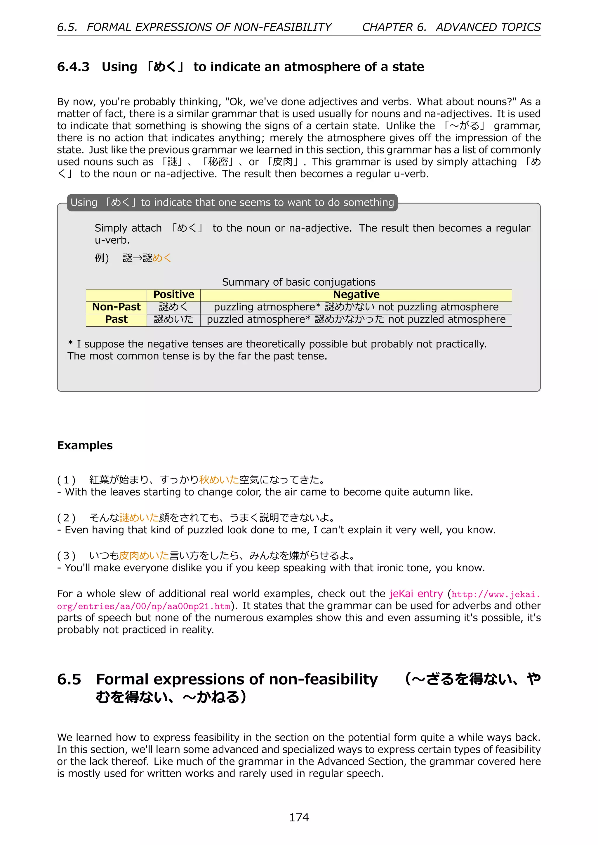 6.5. FORMAL EXPRESSIONS OF NON-FEASIBILITY                      CHAPTER 6. ADVANCED TOPICS


6.4.3 Using 「めく」 to indicate an atmosphere of a state

By now, you're probably thinking, "Ok, we've done adjectives and verbs. What about nouns?" As a
matter of fact, there is a similar grammar that is used usually for nouns and na-adjectives. It is used
to indicate that something is showing the signs of a certain state. Unlike the 「〜がる」 grammar,
there is no action that indicates anything; merely the atmosphere gives oﬀ the impression of the
state. Just like the previous grammar we learned in this section, this grammar has a list of commonly
used nouns such as 「謎」、「秘密」、or 「⽪⾁」. This grammar is used by simply attaching 「め
く」 to the noun or na-adjective. The result then becomes a regular u-verb.

  U
  . sing 「めく」to indicate that one seems to want to do something

        Simply attach 「めく」 to the noun or na-adjective. The result then becomes a regular
        u-verb.
        例)  謎→謎めく

                                  Summary of basic conjugations
  .                 Positive                    .      Negative
       Non-Past      謎めく        puzzling atmosphere* 謎めかない not puzzling atmosphere
         Past       謎めいた       puzzled atmosphere* 謎めかなかった not puzzled atmosphere

  * I suppose the negative tenses are theoretically possible but probably not practically.
  The most common tense is by the far the past tense.




Examples


(１)  紅葉が始まり、すっかり秋めいた空気になってきた。
- With the leaves starting to change color, the air came to become quite autumn like.

(２)  そんな謎めいた顔をされても、うまく説明できないよ。
- Even having that kind of puzzled look done to me, I can't explain it very well, you know.

(３)  いつも⽪⾁めいた⾔い⽅をしたら、みんなを嫌がらせるよ。
- You'll make everyone dislike you if you keep speaking with that ironic tone, you know.

For a whole slew of additional real world examples, check out the jeKai entry (http://www.jekai.
org/entries/aa/00/np/aa00np21.htm). It states that the grammar can be used for adverbs and other
parts of speech but none of the numerous examples show this and even assuming it's possible, it's
probably not practiced in reality.




6.5     Formal expressions of non-feasibility  （〜ざるを得ない、や
        むを得ない、〜かねる）

We learned how to express feasibility in the section on the potential form quite a while ways back.
In this section, we'll learn some advanced and specialized ways to express certain types of feasibility
or the lack thereof. Like much of the grammar in the Advanced Section, the grammar covered here
is mostly used for written works and rarely used in regular speech.



                                                 174
 