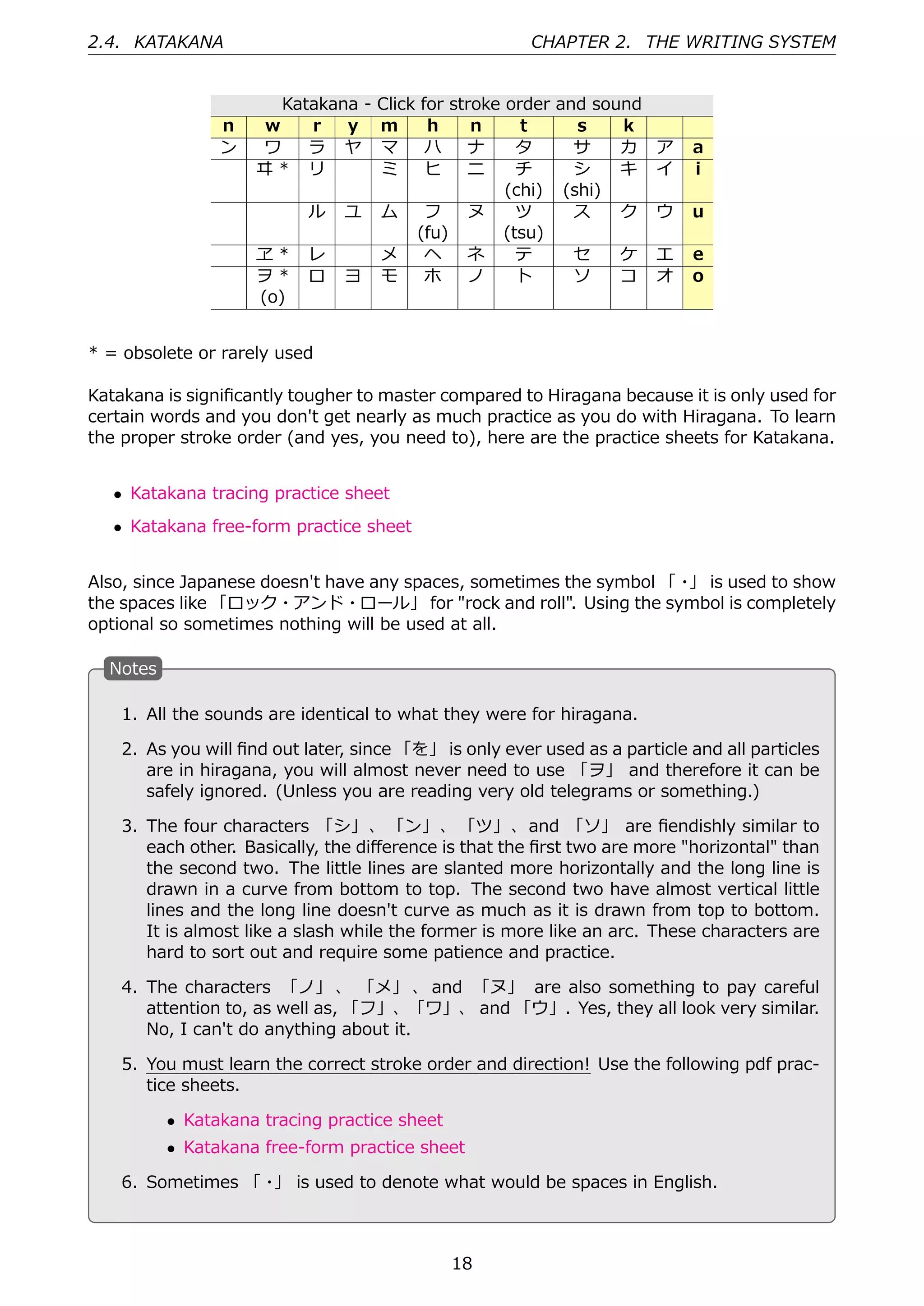 2.4. KATAKANA                                            CHAPTER 2. THE WRITING SYSTEM


                       Katakana -   Click   for stroke order and sound
                 n   w    r   y     m        h     n     t     s    k
                 ン   ワ    ラ ヤ       マ        ハ    ナ      タ     サ    カ    ア   a
                     ヰ* リ           ミ        ヒ    ニ      チ     シ    キ    イ   i
                                                       (chi) (shi)
                           ル    ユ    ム       フ    ヌ      ツ     ス    ク    ウ   u
                                            (fu)       (tsu)
                     ヱ*    レ         メ       ヘ    ネ      テ     セ    ケ    エ   e
                     ヲ*    ロ    ヨ    モ       ホ    ノ      ト     ソ    コ    オ   o
                     (o)


* = obsolete or rarely used

Katakana is signiﬁcantly tougher to master compared to Hiragana because it is only used for
certain words and you don't get nearly as much practice as you do with Hiragana. To learn
the proper stroke order (and yes, you need to), here are the practice sheets for Katakana.


   • Katakana tracing practice sheet
   • Katakana free-form practice sheet


Also, since Japanese doesn't have any spaces, sometimes the symbol 「・ is used to show
                                                                     」
the spaces like 「ロック・アンド・ロール」 for "rock and roll". Using the symbol is completely
optional so sometimes nothing will be used at all.

  N
  . otes

    1. All the sounds are identical to what they were for hiragana.

    2. As you will ﬁnd out later, since 「を」 is only ever used as a particle and all particles
       are in hiragana, you will almost never need to use 「ヲ」 and therefore it can be
       safely ignored. (Unless you are reading very old telegrams or something.)

   3. The four characters 「シ」、 「ン」、 「ツ」、and 「ソ」 are ﬁendishly similar to
      each other. Basically, the diﬀerence is that the ﬁrst two are more "horizontal" than
      the second two. The little lines are slanted more horizontally and the long line is
      drawn in a curve from bottom to top. The second two have almost vertical little
      lines and the long line doesn't curve as much as it is drawn from top to bottom.
      It is almost like a slash while the former is more like an arc. These characters are
 .                                            .
      hard to sort out and require some patience and practice.

    4. The characters 「ノ」 、 「メ」 、 and 「ヌ」 are also something to pay careful
       attention to, as well as, 「フ」、「ワ」、 and 「ウ」. Yes, they all look very similar.
       No, I can't do anything about it.

    5. You must learn the correct stroke order and direction! Use the following pdf prac-
       tice sheets.

           • Katakana tracing practice sheet
           • Katakana free-form practice sheet

    6. Sometimes 「・ is used to denote what would be spaces in English.
                   」



                                               18
 