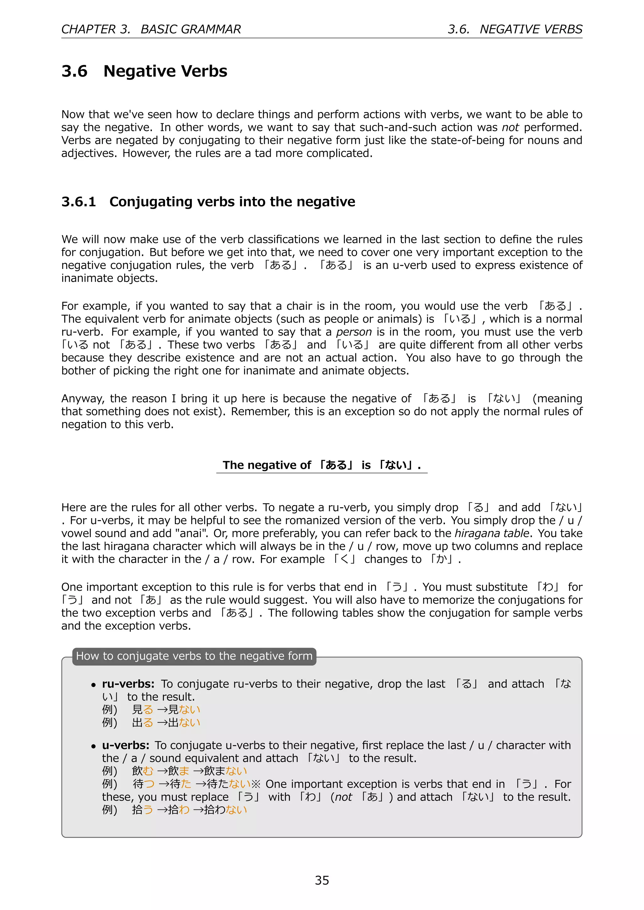 CHAPTER 3. BASIC GRAMMAR                                                   3.6. NEGATIVE VERBS


3.6     Negative Verbs

Now that we've seen how to declare things and perform actions with verbs, we want to be able to
say the negative. In other words, we want to say that such-and-such action was not performed.
Verbs are negated by conjugating to their negative form just like the state-of-being for nouns and
adjectives. However, the rules are a tad more complicated.



3.6.1 Conjugating verbs into the negative

We will now make use of the verb classiﬁcations we learned in the last section to deﬁne the rules
for conjugation. But before we get into that, we need to cover one very important exception to the
negative conjugation rules, the verb 「ある」. 「ある」 is an u-verb used to express existence of
inanimate objects.

For example, if you wanted to say that a chair is in the room, you would use the verb 「ある」 .
The equivalent verb for animate objects (such as people or animals) is 「いる」, which is a normal
ru-verb. For example, if you wanted to say that a person is in the room, you must use the verb
「いる not 「ある」. These two verbs 「ある」 and 「いる」 are quite diﬀerent from all other verbs
because they describe existence and are not an actual action. You also have to go through the
bother of picking the right one for inanimate and animate objects.

Anyway, the reason I bring it up here is because the negative of 「ある」 is 「ない」 (meaning
that something does not exist). Remember, this is an exception so do not apply the normal rules of
negation to this verb.


                               The negative of 「ある」 is 「ない」.


Here are the rules for all other verbs. To negate a ru-verb, you simply drop 「る」 and add 「ない」
. For u-verbs, it may be helpful to see the romanized version of the verb. You simply drop the / u /
vowel sound and add "anai". Or, more preferably, you can refer back to the hiragana table. You take
the last hiragana character which will always be in the / u / row, move up two columns and replace
it with the character in the / a / row. For example 「く」 changes to 「か」.

One important exception to this rule is for verbs that end in 「う」. You must substitute 「わ」 for
「う」 and not 「あ」 as the rule would suggest. You will also have to memorize the conjugations for
the two exception verbs and 「ある」. The following tables show the conjugation for sample verbs
and the exception verbs.

   H
   . ow to conjugate verbs to the negative form

      • ru-verbs: To conjugate ru-verbs to their negative, drop the last 「る」 and attach 「な
        い」 to the result.
        例)  ⾒る →⾒ない
        例)  出る →出ない

  .                                              .
      • u-verbs: To conjugate u-verbs to their negative, ﬁrst replace the last / u / character with
        the / a / sound equivalent and attach 「ない」 to the result.
        例)  飲む →飲ま →飲まない
        例)  待つ →待た →待たない※ One important exception is verbs that end in 「う」. For
        these, you must replace 「う」 with 「わ」 (not 「あ」) and attach 「ない」 to the result.
        例)  拾う →拾わ →拾わない




                                                  35
 