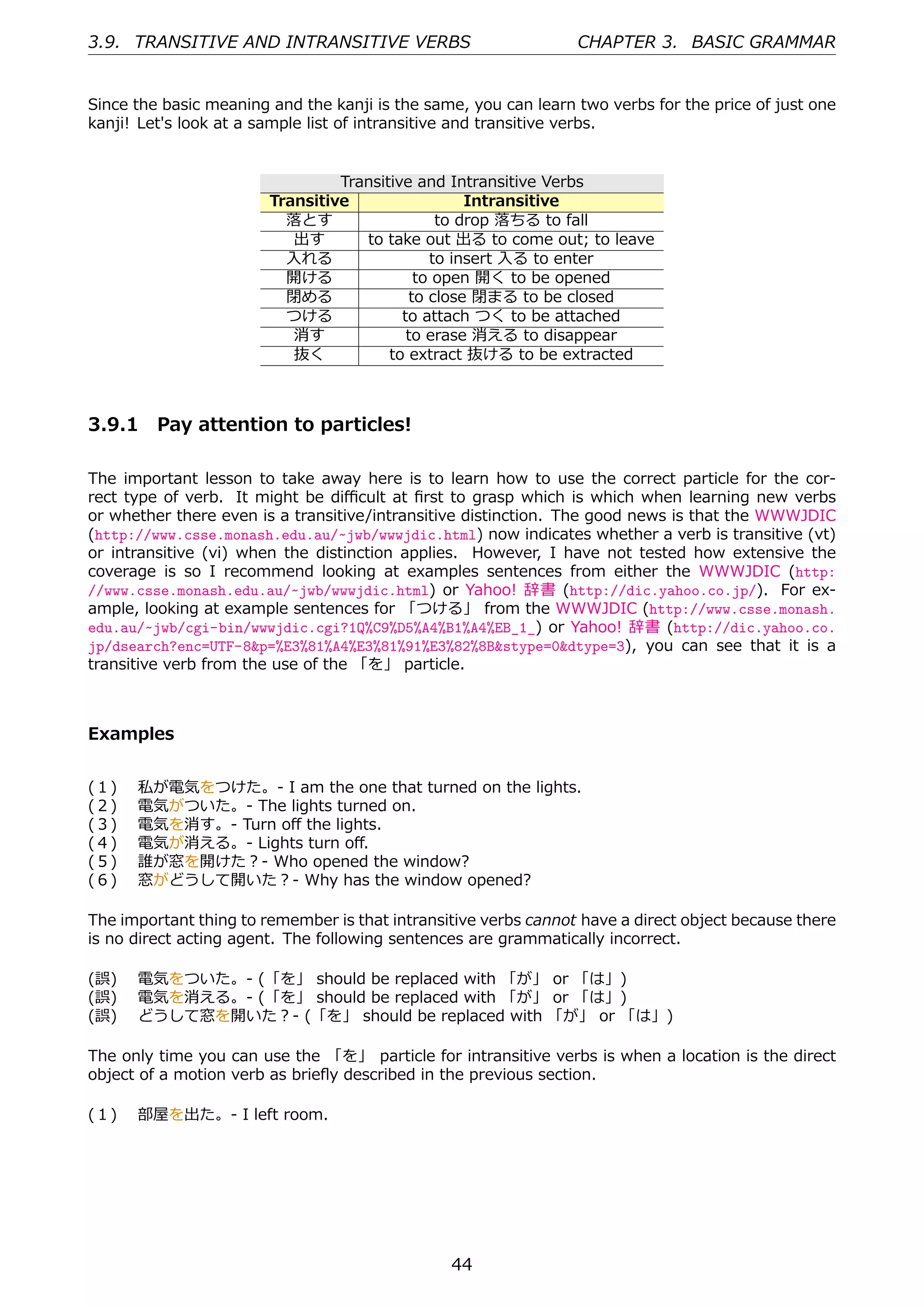 3.9. TRANSITIVE AND INTRANSITIVE VERBS                           CHAPTER 3. BASIC GRAMMAR


Since the basic meaning and the kanji is the same, you can learn two verbs for the price of just one
kanji! Let's look at a sample list of intransitive and transitive verbs.


                                 Transitive and Intransitive Verbs
                        Transitive                 Intransitive
                          落とす                  to drop 落ちる to fall
                           出す       to take out 出る to come out; to leave
                          ⼊れる                 to insert ⼊る to enter
                          開ける               to open 開く to be opened
                          閉める              to close 閉まる to be closed
                          つける             to attach つく to be attached
                           消す              to erase 消える to disappear
                           抜く           to extract 抜ける to be extracted



3.9.1 Pay attention to particles!

The important lesson to take away here is to learn how to use the correct particle for the cor-
rect type of verb. It might be diﬃcult at ﬁrst to grasp which is which when learning new verbs
or whether there even is a transitive/intransitive distinction. The good news is that the WWWJDIC
(http://www.csse.monash.edu.au/~jwb/wwwjdic.html) now indicates whether a verb is transitive (vt)
or intransitive (vi) when the distinction applies. However, I have not tested how extensive the
coverage is so I recommend looking at examples sentences from either the WWWJDIC (http:
//www.csse.monash.edu.au/~jwb/wwwjdic.html) or Yahoo! 辞書 (http://dic.yahoo.co.jp/). For ex-
ample, looking at example sentences for 「つける」 from the WWWJDIC (http://www.csse.monash.
edu.au/~jwb/cgi-bin/wwwjdic.cgi?1Q%C9%D5%A4%B1%A4%EB_1_) or Yahoo! 辞書 (http://dic.yahoo.co.
jp/dsearch?enc=UTF-8&p=%E3%81%A4%E3%81%91%E3%82%8B&stype=0&dtype=3), you can see that it is a
transitive verb from the use of the 「を」 particle.



Examples


(１)    私が電気をつけた。- I am the one that turned on the lights.
(２)    電気がついた。- The lights turned on.
(３)    電気を消す。- Turn oﬀ the lights.
(４)    電気が消える。- Lights turn oﬀ.
(５)    誰が窓を開けた？- Who opened the window?
(６)    窓がどうして開いた？- Why has the window opened?

The important thing to remember is that intransitive verbs cannot have a direct object because there
is no direct acting agent. The following sentences are grammatically incorrect.

(誤)  電気をついた。- (「を」 should be replaced with 「が」 or 「は」)
(誤)  電気を消える。- (「を」 should be replaced with 「が」 or 「は」)
(誤)  どうして窓を開いた？- (「を」 should be replaced with 「が」 or 「は」)

The only time you can use the 「を」 particle for intransitive verbs is when a location is the direct
object of a motion verb as brieﬂy described in the previous section.

(１)  部屋を出た。- I left room.




                                                44
 