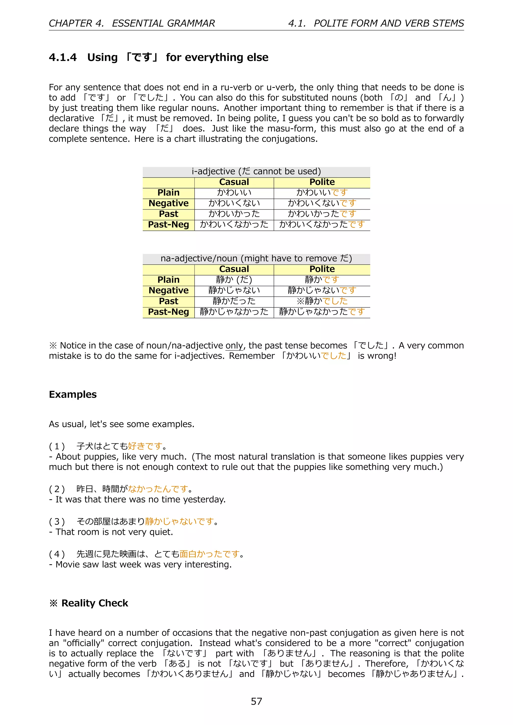 CHAPTER 4. ESSENTIAL GRAMMAR                             4.1. POLITE FORM AND VERB STEMS


4.1.4 Using 「です」 for everything else

For any sentence that does not end in a ru-verb or u-verb, the only thing that needs to be done is
to add 「です」 or 「でした」. You can also do this for substituted nouns (both 「の」 and 「ん」)
by just treating them like regular nouns. Another important thing to remember is that if there is a
declarative 「だ」, it must be removed. In being polite, I guess you can't be so bold as to forwardly
declare things the way 「だ」 does. Just like the masu-form, this must also go at the end of a
complete sentence. Here is a chart illustrating the conjugations.


                                i-adjective (だ cannot be used)
                                       Casual              Polite
                         Plain        かわいい               かわいいです
                       Negative     かわいくない             かわいくないです
                         Past       かわいかった             かわいかったです
                       Past-Neg かわいくなかった かわいくなかったです


                          na-adjective/noun (might have to remove だ)
                                        Casual              Polite
                         Plain         静か (だ)              静かです
                       Negative      静かじゃない           静かじゃないです
                         Past         静かだった              ※静かでした
                       Past-Neg 静かじゃなかった 静かじゃなかったです


※ Notice in the case of noun/na-adjective only, the past tense becomes 「でした」. A very common
mistake is to do the same for i-adjectives. Remember 「かわいいでした」 is wrong!



Examples


As usual, let's see some examples.

(１)  ⼦⽝はとても好きです。
- About puppies, like very much. (The most natural translation is that someone likes puppies very
much but there is not enough context to rule out that the puppies like something very much.)

(２)  昨⽇、時間がなかったんです。
- It was that there was no time yesterday.

(３)  その部屋はあまり静かじゃないです。
- That room is not very quiet.

(４)  先週に⾒た映画は、とても⾯⽩かったです。
- Movie saw last week was very interesting.



※ Reality Check


I have heard on a number of occasions that the negative non-past conjugation as given here is not
an "oﬃcially" correct conjugation. Instead what's considered to be a more "correct" conjugation
is to actually replace the 「ないです」 part with 「ありません」 . The reasoning is that the polite
negative form of the verb 「ある」 is not 「ないです」 but 「ありません」. Therefore, 「かわいくな
い」 actually becomes 「かわいくありません」 and 「静かじゃない」 becomes 「静かじゃありません」.


                                                57
 