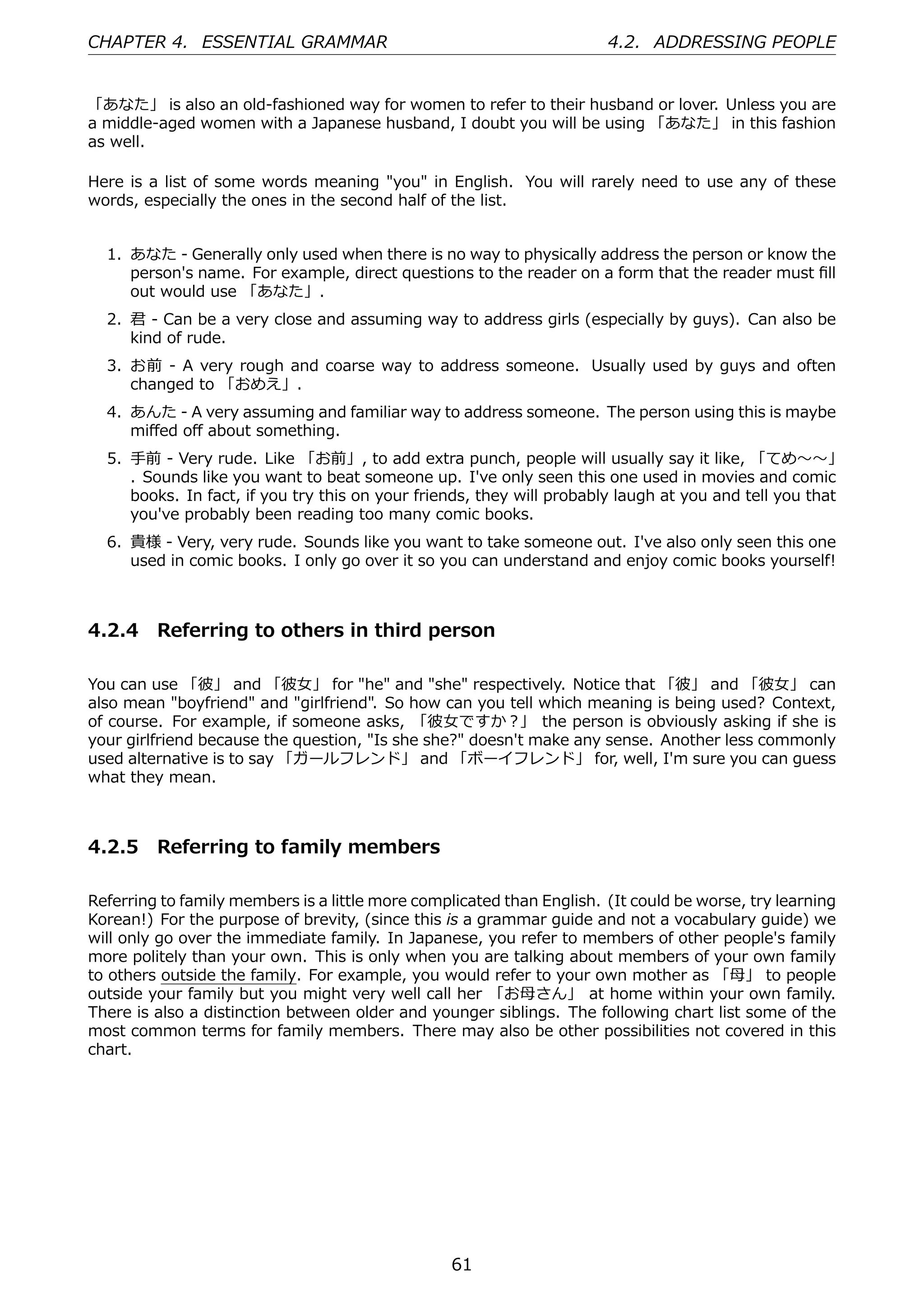 CHAPTER 4. ESSENTIAL GRAMMAR                                           4.2. ADDRESSING PEOPLE


「あなた」 is also an old-fashioned way for women to refer to their husband or lover. Unless you are
a middle-aged women with a Japanese husband, I doubt you will be using 「あなた」 in this fashion
as well.

Here is a list of some words meaning "you" in English. You will rarely need to use any of these
words, especially the ones in the second half of the list.


  1. あなた - Generally only used when there is no way to physically address the person or know the
     person's name. For example, direct questions to the reader on a form that the reader must ﬁll
     out would use 「あなた」.
  2. 君 - Can be a very close and assuming way to address girls (especially by guys). Can also be
     kind of rude.
  3. お前 - A very rough and coarse way to address someone. Usually used by guys and often
     changed to 「おめえ」.
  4. あんた - A very assuming and familiar way to address someone. The person using this is maybe
     miﬀed oﬀ about something.
  5. ⼿前 - Very rude. Like 「お前」, to add extra punch, people will usually say it like, 「てめ〜〜」
     . Sounds like you want to beat someone up. I've only seen this one used in movies and comic
     books. In fact, if you try this on your friends, they will probably laugh at you and tell you that
     you've probably been reading too many comic books.
  6. 貴様 - Very, very rude. Sounds like you want to take someone out. I've also only seen this one
     used in comic books. I only go over it so you can understand and enjoy comic books yourself!



4.2.4 Referring to others in third person

You can use 「彼」 and 「彼⼥」 for "he" and "she" respectively. Notice that 「彼」 and 「彼⼥」 can
also mean "boyfriend" and "girlfriend". So how can you tell which meaning is being used? Context,
of course. For example, if someone asks, 「彼⼥ですか？」 the person is obviously asking if she is
your girlfriend because the question, "Is she she?" doesn't make any sense. Another less commonly
used alternative is to say 「ガールフレンド」 and 「ボーイフレンド」 for, well, I'm sure you can guess
what they mean.



4.2.5 Referring to family members

Referring to family members is a little more complicated than English. (It could be worse, try learning
Korean!) For the purpose of brevity, (since this is a grammar guide and not a vocabulary guide) we
will only go over the immediate family. In Japanese, you refer to members of other people's family
more politely than your own. This is only when you are talking about members of your own family
to others outside the family. For example, you would refer to your own mother as 「⺟」 to people
outside your family but you might very well call her 「お⺟さん」 at home within your own family.
There is also a distinction between older and younger siblings. The following chart list some of the
most common terms for family members. There may also be other possibilities not covered in this
chart.




                                                  61
 