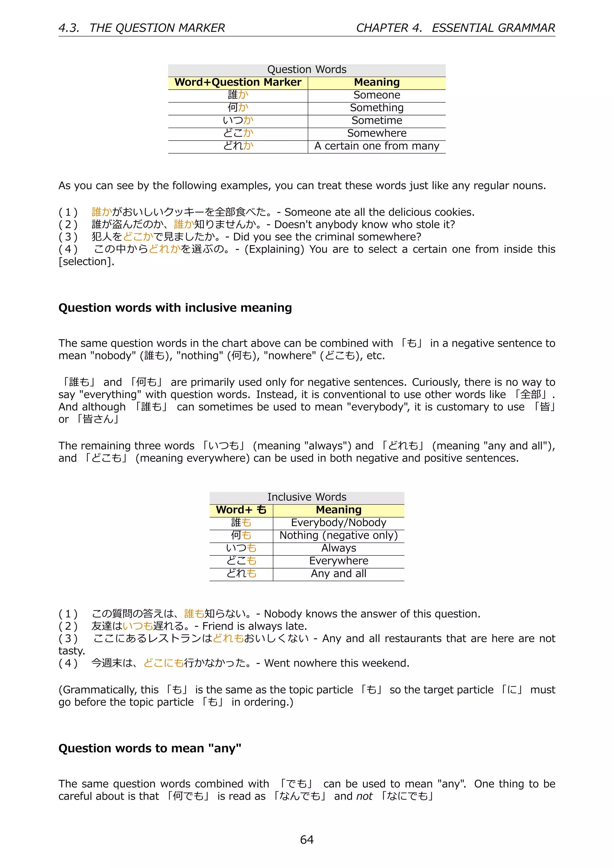 4.3. THE QUESTION MARKER                                  CHAPTER 4. ESSENTIAL GRAMMAR


                                    Question Words
                      Word+Question Marker           Meaning
                             誰か                      Someone
                             何か                     Something
                            いつか                      Sometime
                            どこか                     Somewhere
                            どれか              A certain one from many


As you can see by the following examples, you can treat these words just like any regular nouns.

(１)  誰かがおいしいクッキーを全部⾷べた。- Someone ate all the delicious cookies.
(２)  誰が盗んだのか、誰か知りませんか。- Doesn't anybody know who stole it?
(３)  犯⼈をどこかで⾒ましたか。- Did you see the criminal somewhere?
(４)  この中からどれかを選ぶの。- (Explaining) You are to select a certain one from inside this
[selection].



Question words with inclusive meaning


The same question words in the chart above can be combined with 「も」 in a negative sentence to
mean "nobody" (誰も), "nothing" (何も), "nowhere" (どこも), etc.

「誰も」 and 「何も」 are primarily used only for negative sentences. Curiously, there is no way to
say "everything" with question words. Instead, it is conventional to use other words like 「全部」.
And although 「誰も」 can sometimes be used to mean "everybody", it is customary to use 「皆」
or 「皆さん」

The remaining three words 「いつも」 (meaning "always") and 「どれも」 (meaning "any and all"),
and 「どこも」 (meaning everywhere) can be used in both negative and positive sentences.


                                         Inclusive Words
                              Word+ も              Meaning
                                誰も            Everybody/Nobody
                                何も         Nothing (negative only)
                               いつも                  Always
                               どこも                Everywhere
                               どれも                Any and all


(１)  この質問の答えは、誰も知らない。- Nobody knows the answer of this question.
(２)  友達はいつも遅れる。- Friend is always late.
(３)  ここにあるレストランはどれもおいしくない - Any and all restaurants that are here are not
tasty.
(４)  今週末は、どこにも⾏かなかった。- Went nowhere this weekend.

(Grammatically, this 「も」 is the same as the topic particle 「も」 so the target particle 「に」 must
go before the topic particle 「も」 in ordering.)



Question words to mean "any"


The same question words combined with 「でも」 can be used to mean "any". One thing to be
careful about is that 「何でも」 is read as 「なんでも」 and not 「なにでも」



                                               64
 