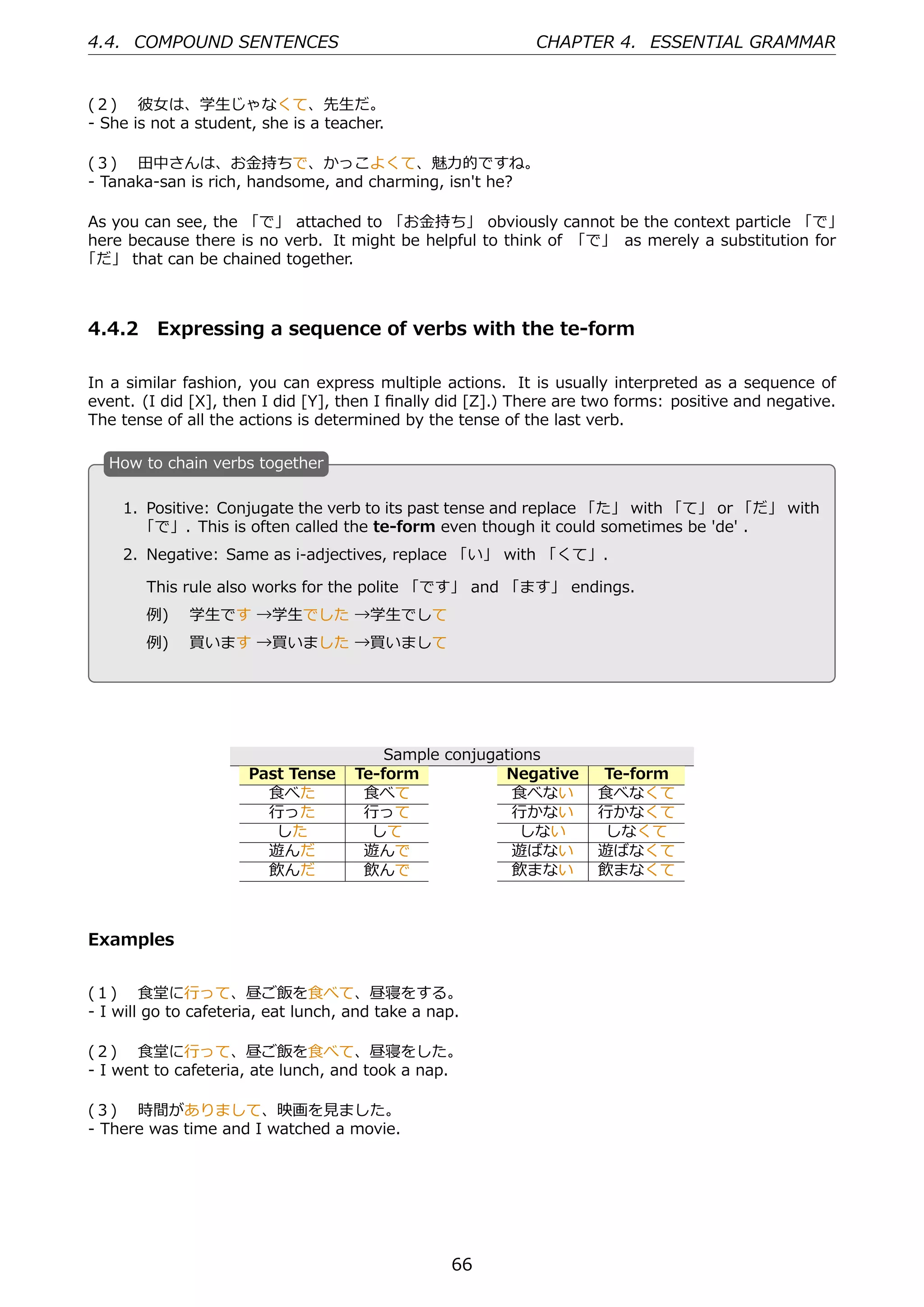 4.4. COMPOUND SENTENCES                                      CHAPTER 4. ESSENTIAL GRAMMAR


(２)  彼⼥は、学⽣じゃなくて、先⽣だ。
- She is not a student, she is a teacher.

(３)  ⽥中さんは、お⾦持ちで、かっこよくて、魅⼒的ですね。
- Tanaka-san is rich, handsome, and charming, isn't he?

As you can see, the 「で」 attached to 「お⾦持ち」 obviously cannot be the context particle 「で」
here because there is no verb. It might be helpful to think of 「で」 as merely a substitution for
「だ」 that can be chained together.



4.4.2 Expressing a sequence of verbs with the te-form

In a similar fashion, you can express multiple actions. It is usually interpreted as a sequence of
event. (I did [X], then I did [Y], then I ﬁnally did [Z].) There are two forms: positive and negative.
The tense of all the actions is determined by the tense of the last verb.

   H
   . ow to chain verbs together

      1. Positive: Conjugate the verb to its past tense and replace 「た」 with 「て」 or 「だ」 with
        「で」. This is often called the te-form even though it could sometimes be 'de' .
      2. Negative: Same as i-adjectives, replace 「い」 with 「くて」.
  .                                               .
         This rule also works for the polite 「です」 and 「ます」 endings.
        例)  学⽣です →学⽣でした →学⽣でして
        例)  買います →買いました →買いまして




                                         Sample conjugations
                      Past Tense     Te-form           Negative      Te-form
                        ⾷べた           ⾷べて               ⾷べない         ⾷べなくて
                        ⾏った           ⾏って               ⾏かない         ⾏かなくて
                         した            して                 しない        しなくて
                        遊んだ           遊んで               遊ばない         遊ばなくて
                        飲んだ           飲んで               飲まない         飲まなくて



Examples


(１)  ⾷堂に⾏って、昼ご飯を⾷べて、昼寝をする。
- I will go to cafeteria, eat lunch, and take a nap.

(２)  ⾷堂に⾏って、昼ご飯を⾷べて、昼寝をした。
- I went to cafeteria, ate lunch, and took a nap.

(３)  時間がありまして、映画を⾒ました。
- There was time and I watched a movie.




                                                  66
 