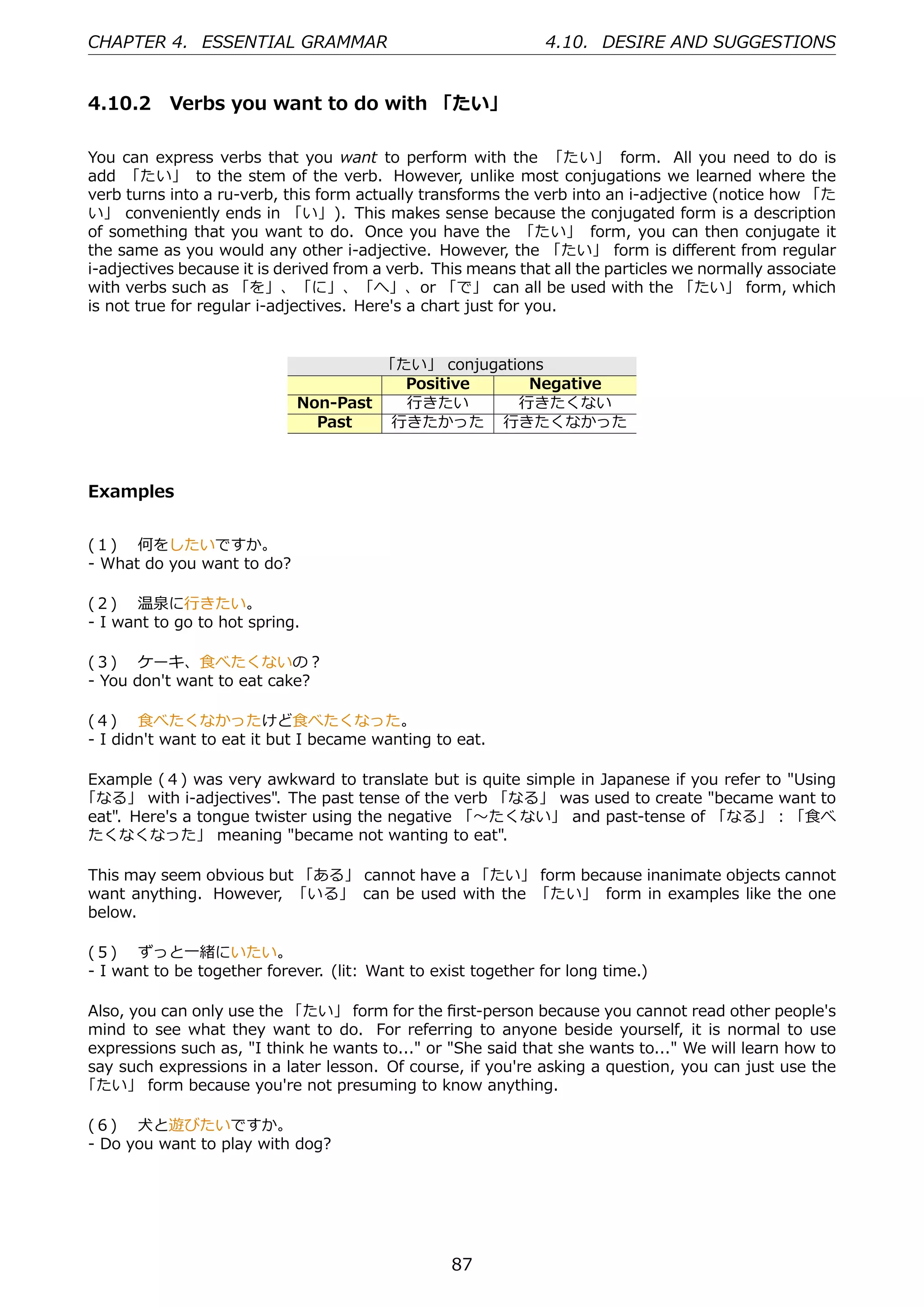 CHAPTER 4. ESSENTIAL GRAMMAR                                   4.10. DESIRE AND SUGGESTIONS


4.10.2 Verbs you want to do with 「たい」

You can express verbs that you want to perform with the 「たい」 form. All you need to do is
add 「たい」 to the stem of the verb. However, unlike most conjugations we learned where the
verb turns into a ru-verb, this form actually transforms the verb into an i-adjective (notice how 「た
い」 conveniently ends in 「い」). This makes sense because the conjugated form is a description
of something that you want to do. Once you have the 「たい」 form, you can then conjugate it
the same as you would any other i-adjective. However, the 「たい」 form is diﬀerent from regular
i-adjectives because it is derived from a verb. This means that all the particles we normally associate
with verbs such as 「を」、「に」、「へ」、or 「で」 can all be used with the 「たい」 form, which
is not true for regular i-adjectives. Here's a chart just for you.


                                     「たい」 conjugations
                                       Positive     Negative
                            Non-Past   ⾏きたい        ⾏きたくない
                              Past    ⾏きたかった ⾏きたくなかった



Examples


(１)  何をしたいですか。
- What do you want to do?

(２)  温泉に⾏きたい。
- I want to go to hot spring.

(３)  ケーキ、⾷べたくないの？
- You don't want to eat cake?

(４)  ⾷べたくなかったけど⾷べたくなった。
- I didn't want to eat it but I became wanting to eat.

Example (４) was very awkward to translate but is quite simple in Japanese if you refer to "Using
「なる」 with i-adjectives". The past tense of the verb 「なる」 was used to create "became want to
eat". Here's a tongue twister using the negative 「〜たくない」 and past-tense of 「なる」：「⾷べ
たくなくなった」 meaning "became not wanting to eat".

This may seem obvious but 「ある」 cannot have a 「たい」 form because inanimate objects cannot
want anything. However, 「いる」 can be used with the 「たい」 form in examples like the one
below.

(５)  ずっと⼀緒にいたい。
- I want to be together forever. (lit: Want to exist together for long time.)

Also, you can only use the 「たい」 form for the ﬁrst-person because you cannot read other people's
mind to see what they want to do. For referring to anyone beside yourself, it is normal to use
expressions such as, "I think he wants to..." or "She said that she wants to..." We will learn how to
say such expressions in a later lesson. Of course, if you're asking a question, you can just use the
「たい」 form because you're not presuming to know anything.

(６)  ⽝と遊びたいですか。
- Do you want to play with dog?




                                                  87
 